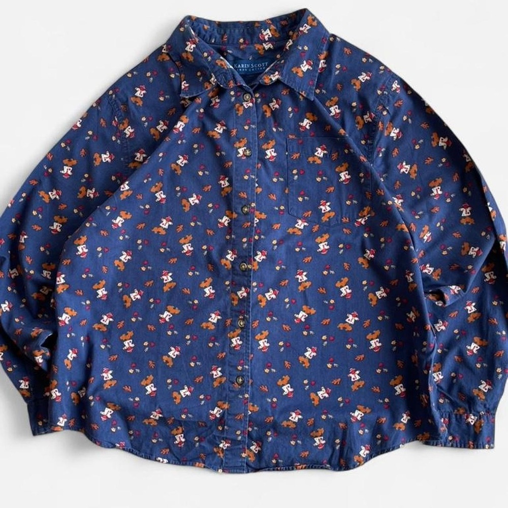Vintage Karen Scott Blue Halloween Fall Scarecrow Pumpkin Button Down Shirt